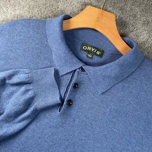 Orvis Polo Sweater Mens XL Blue silk/cashmere blend Knit 3-Button Placket